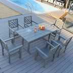 Table à manger 7 pièces en PEHD et 6 chaises avec trou pour parasol Ensemble de salle à manger décontracté Table de pique-nique ou de bière pour terrasse ou piscine