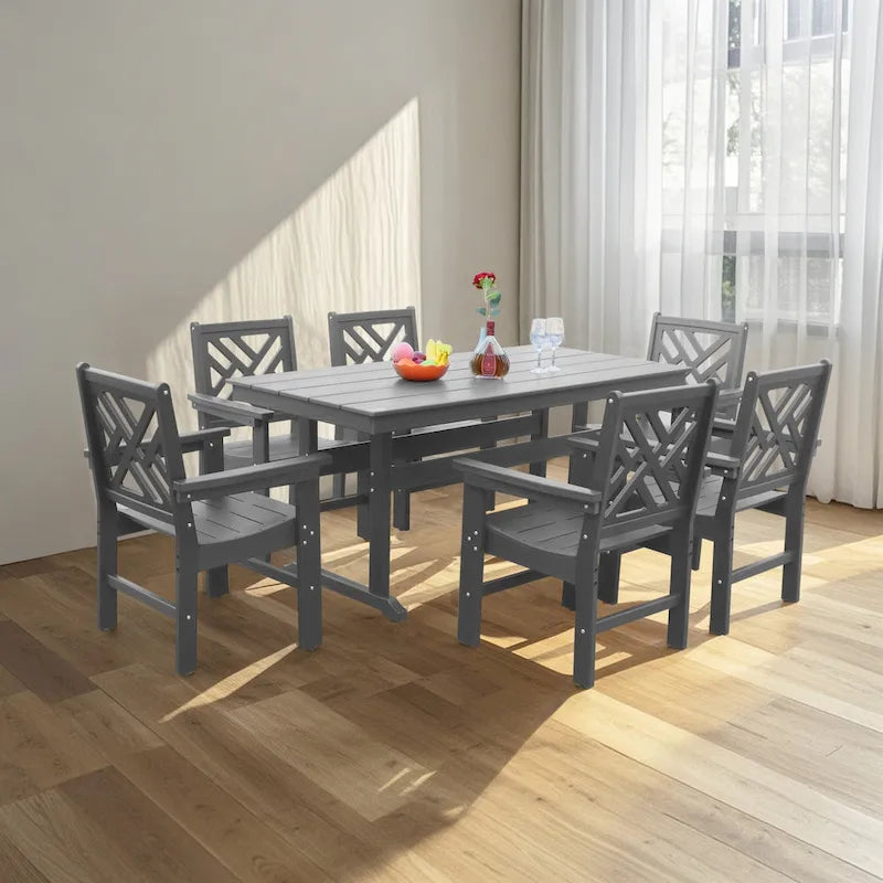 Table à manger 7 pièces en PEHD et 6 chaises avec trou pour parasol Ensemble de salle à manger décontracté Table de pique-nique ou de bière pour terrasse ou piscine
