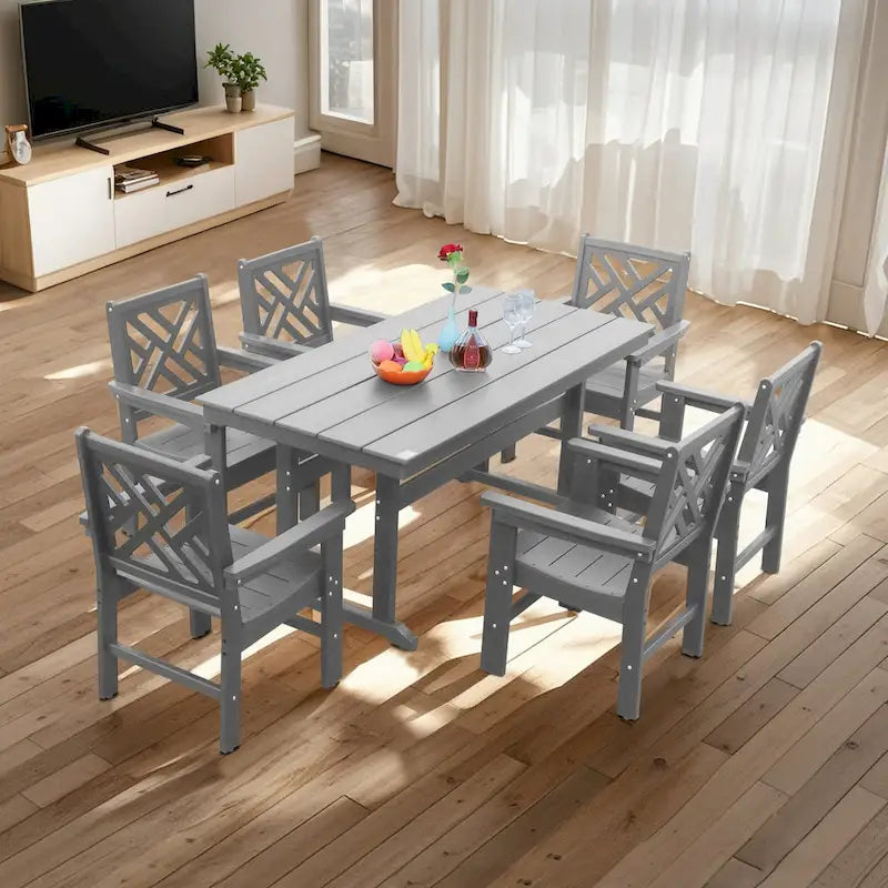 Table à manger 7 pièces en PEHD et 6 chaises avec trou pour parasol Ensemble de salle à manger décontracté Table de pique-nique ou de bière pour terrasse ou piscine