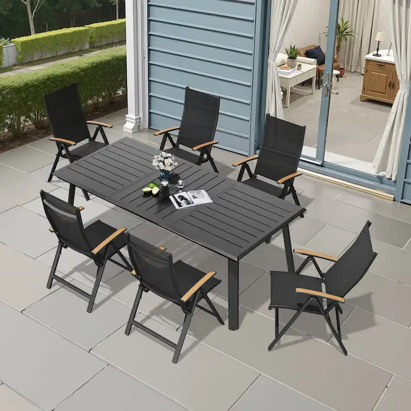Table à manger d'extérieur en aluminium pour 7 à 9 personnes avec trou pour parasol et chaises pliantes incluses