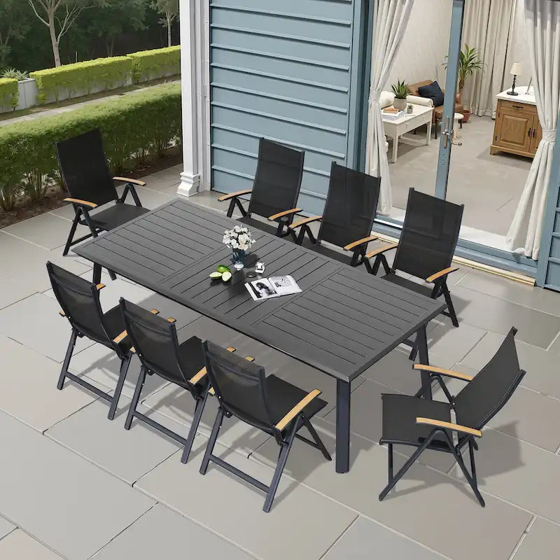 Table à manger d'extérieur en aluminium pour 7 à 9 personnes avec trou pour parasol et chaises pliantes incluses