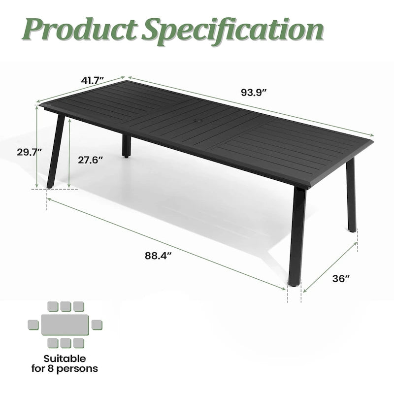 Table à manger d'extérieur en aluminium pour 7 à 9 personnes avec trou pour parasol et chaises pliantes incluses