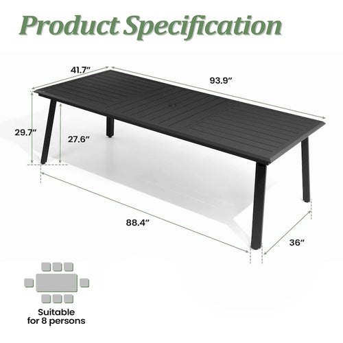 Table à manger d'extérieur en aluminium pour 7 à 9 personnes avec trou pour parasol et chaises pliantes incluses