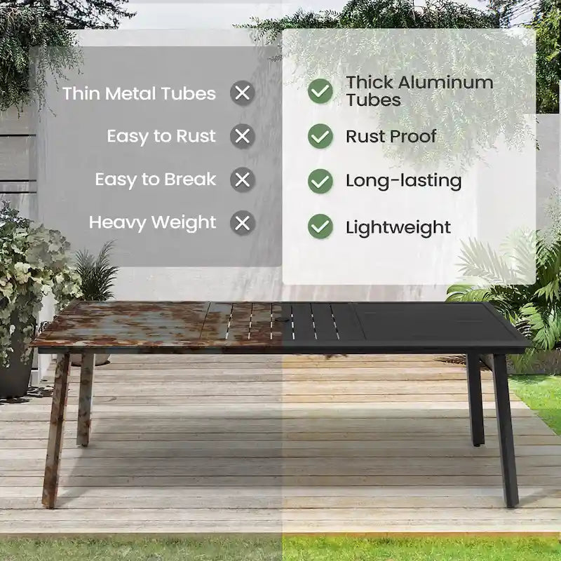 Table à manger d'extérieur en aluminium pour 7 à 9 personnes avec trou pour parasol et chaises pliantes incluses