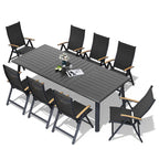 Table à manger d'extérieur en aluminium pour 7 à 9 personnes avec trou pour parasol et chaises pliantes incluses