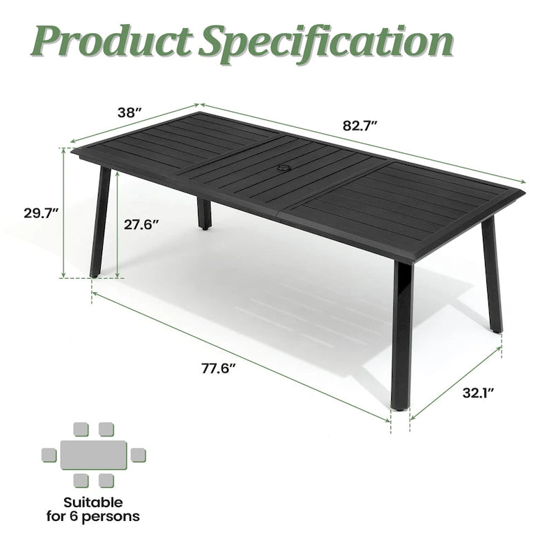 Table à manger d'extérieur en aluminium pour 7 à 9 personnes avec trou pour parasol et chaises pliantes incluses