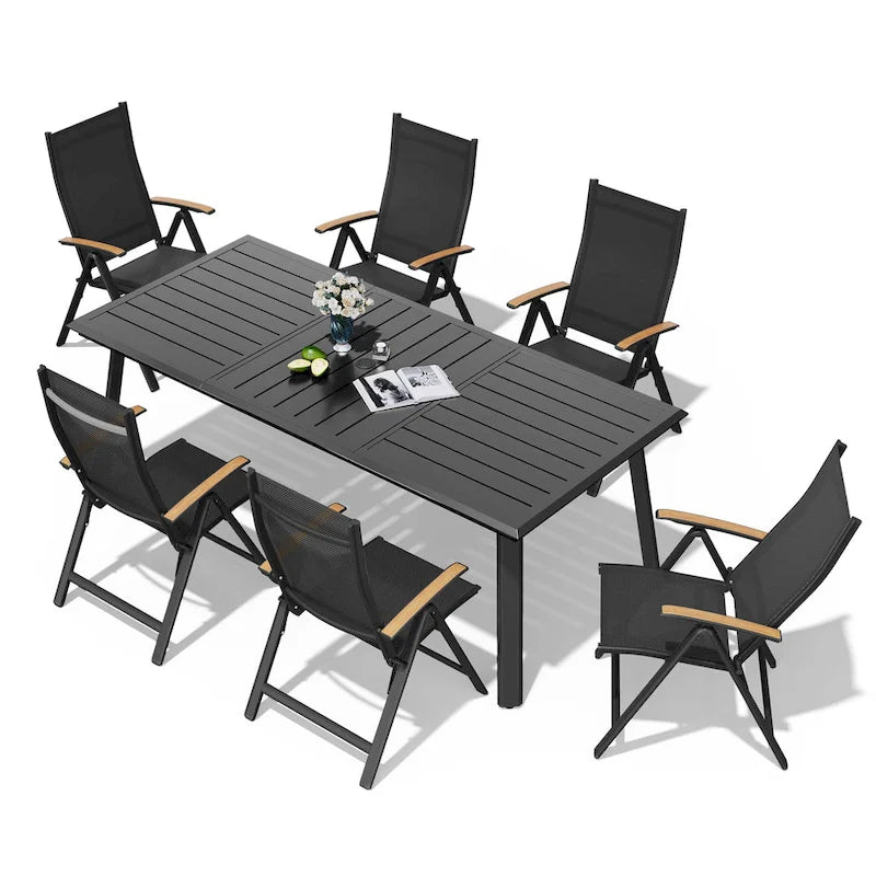 Table à manger d'extérieur en aluminium pour 7 à 9 personnes avec trou pour parasol et chaises pliantes incluses