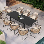 Ensemble de salle à manger d'extérieur 9 pièces avec table rectangulaire en aluminium extensible et chaises en rotin