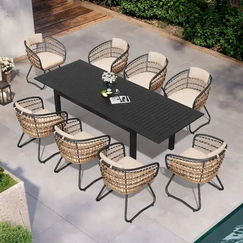 Ensemble de salle à manger d'extérieur 9 pièces avec table rectangulaire en aluminium extensible et chaises en rotin
