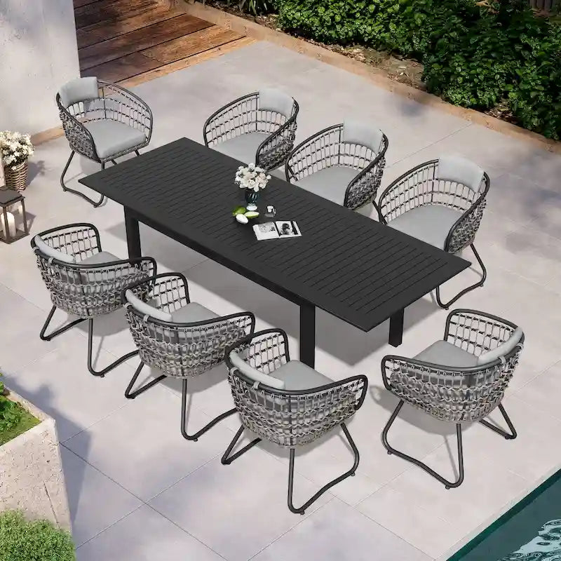 Ensemble de salle à manger d'extérieur 9 pièces avec table rectangulaire en aluminium extensible et chaises en rotin