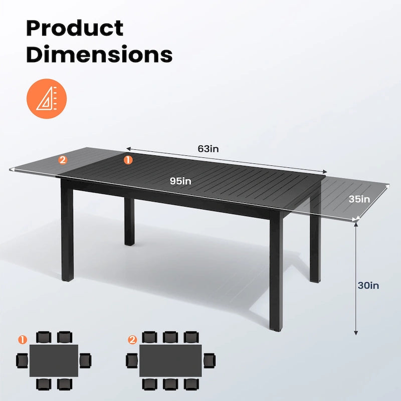 Ensemble de salle à manger d'extérieur 9 pièces avec table rectangulaire en aluminium extensible et chaises en rotin