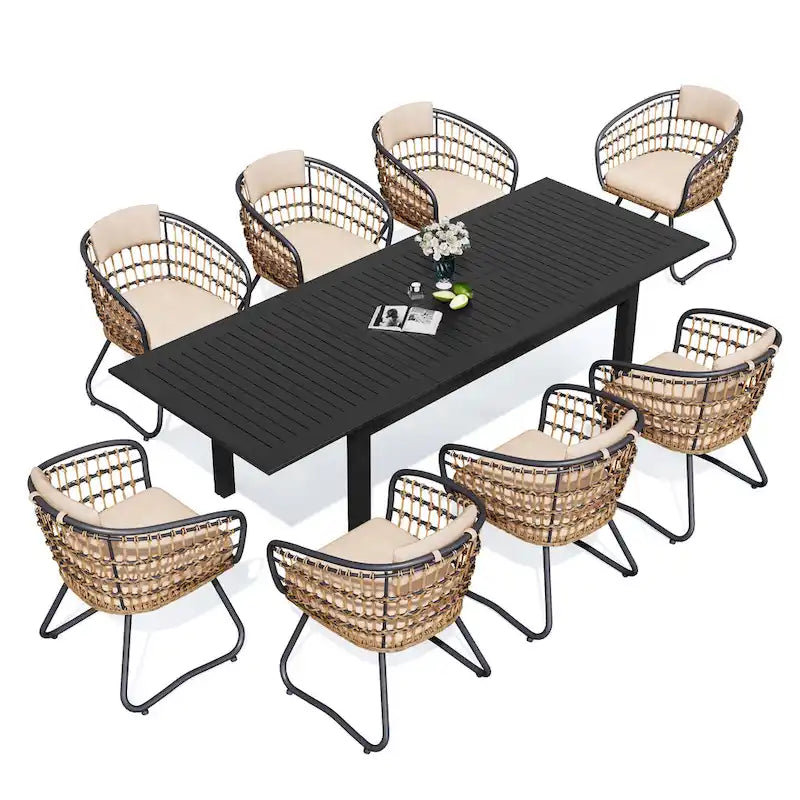 Ensemble de salle à manger d'extérieur 9 pièces avec table rectangulaire en aluminium extensible et chaises en rotin