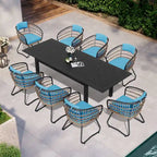 Ensemble de salle à manger d'extérieur 9 pièces avec table rectangulaire en aluminium extensible et chaises en rotin