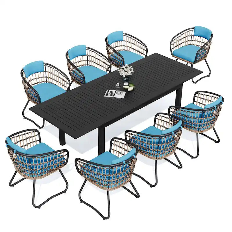 Ensemble de salle à manger d'extérieur 9 pièces avec table rectangulaire en aluminium extensible et chaises en rotin