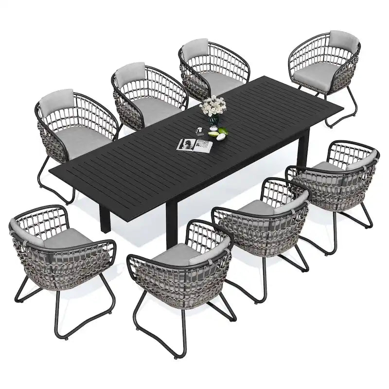 Ensemble de salle à manger d'extérieur 9 pièces avec table rectangulaire en aluminium extensible et chaises en rotin