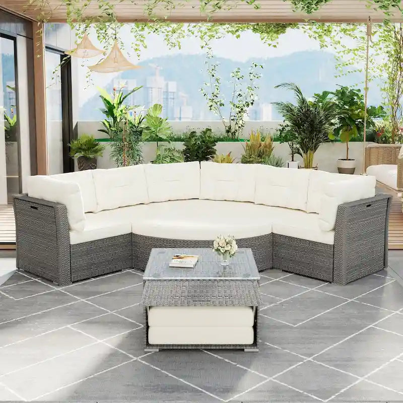 Ensemble de lit de repos pour patio - Sectionnel en rotin avec coussins et table basse pour jardin, piscine, pelouse