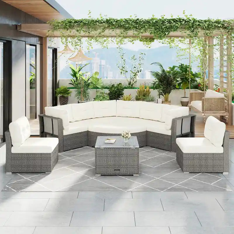 Ensemble de lit de repos pour patio - Sectionnel en rotin avec coussins et table basse pour jardin, piscine, pelouse