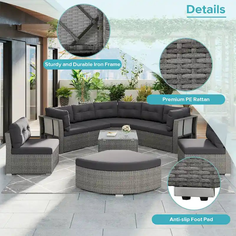 Ensemble de lit de repos pour patio - Sectionnel en rotin avec coussins et table basse pour jardin, piscine, pelouse