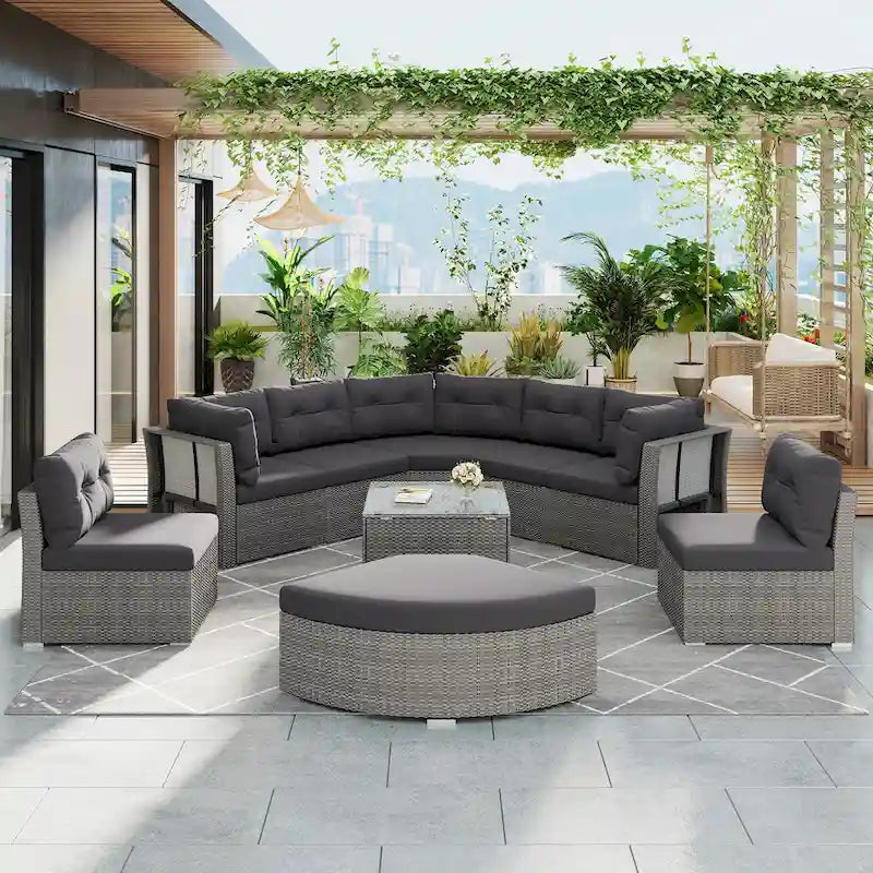 Ensemble de lit de repos pour patio - Sectionnel en rotin avec coussins et table basse pour jardin, piscine, pelouse