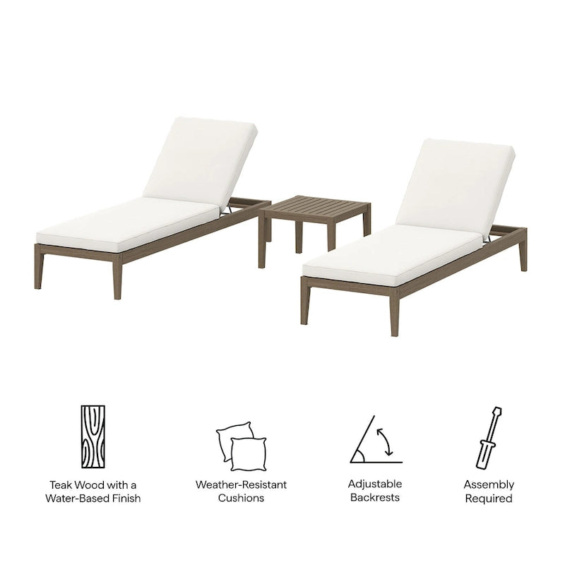 Ensemble de mobilier d'extérieur en teck Northlake de 3 pièces avec chaises longues et table d'appoint