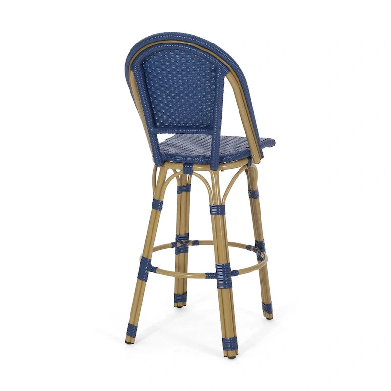 Ensemble de 2 tabourets de bar d'extérieur Gomy, en osier tressé bleu, aluminium marron