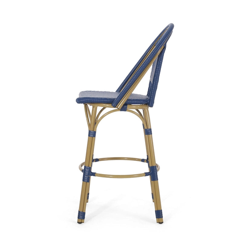 Ensemble de 2 tabourets de bar d'extérieur Gomy, en osier tressé bleu, aluminium marron