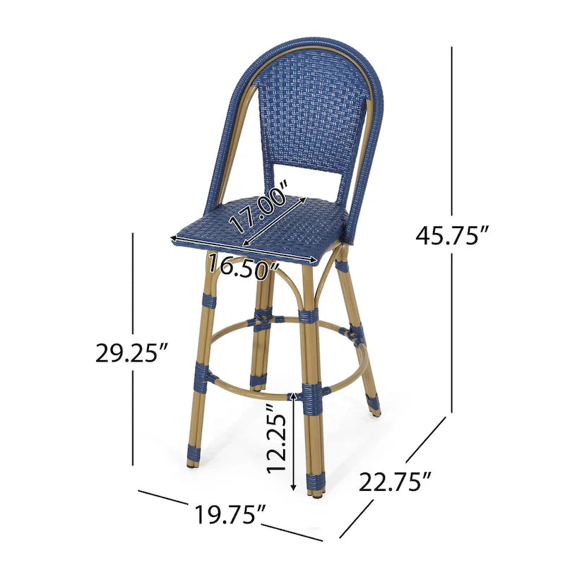 Ensemble de 2 tabourets de bar d'extérieur Gomy, en osier tressé bleu, aluminium marron