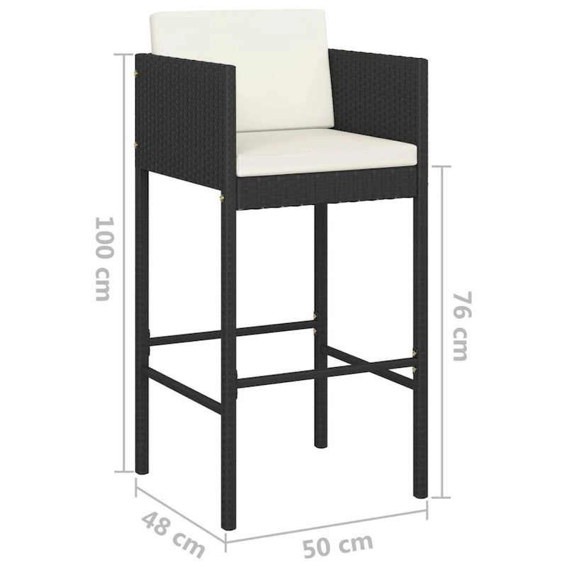 Ensemble de 4 tabourets de bar d'extérieur, coussins en tissu blanc, rotin noir