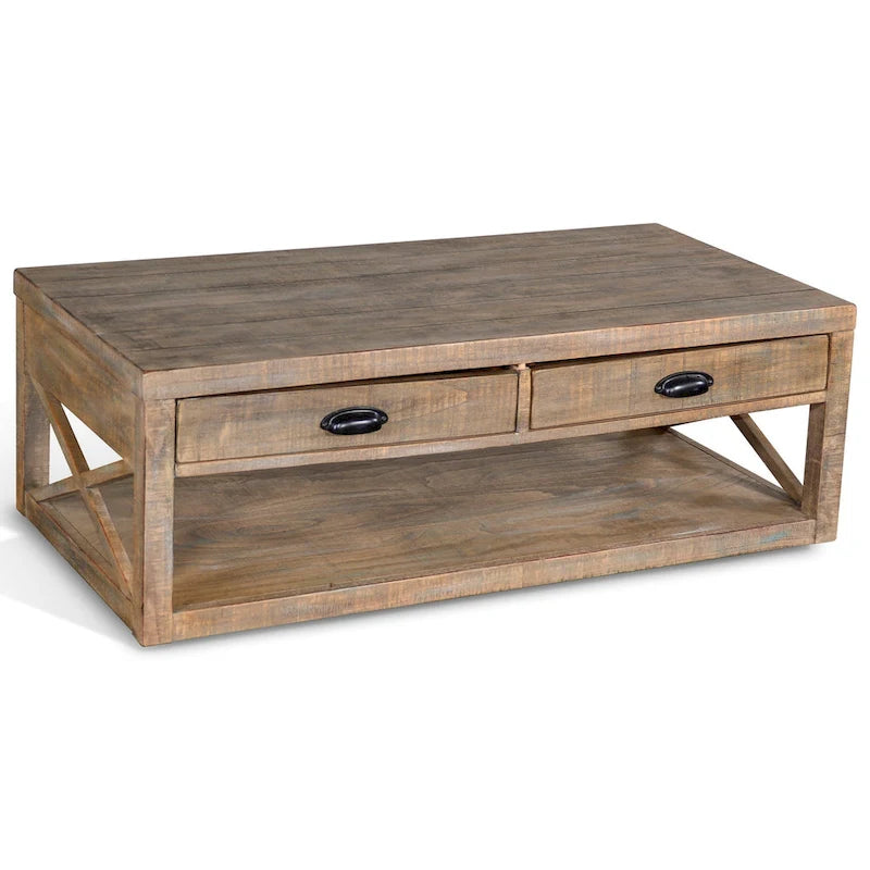Table basse, 2 tiroirs, étagère, rectangulaire 122 cm marron clair