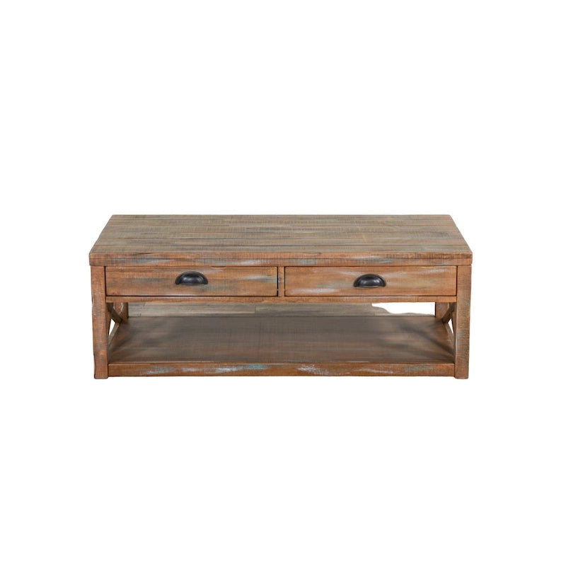 Table basse, 2 tiroirs, étagère, rectangulaire 122 cm marron clair