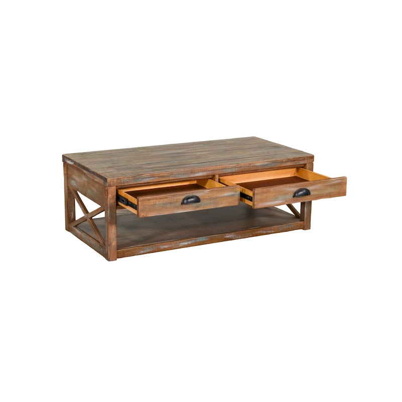 Table basse, 2 tiroirs, étagère, rectangulaire 122 cm marron clair