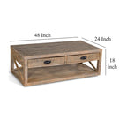 Table basse, 2 tiroirs, étagère, rectangulaire 122 cm marron clair