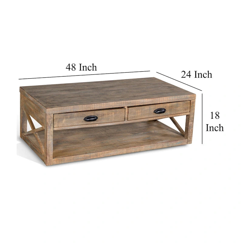 Table basse, 2 tiroirs, étagère, rectangulaire 122 cm marron clair