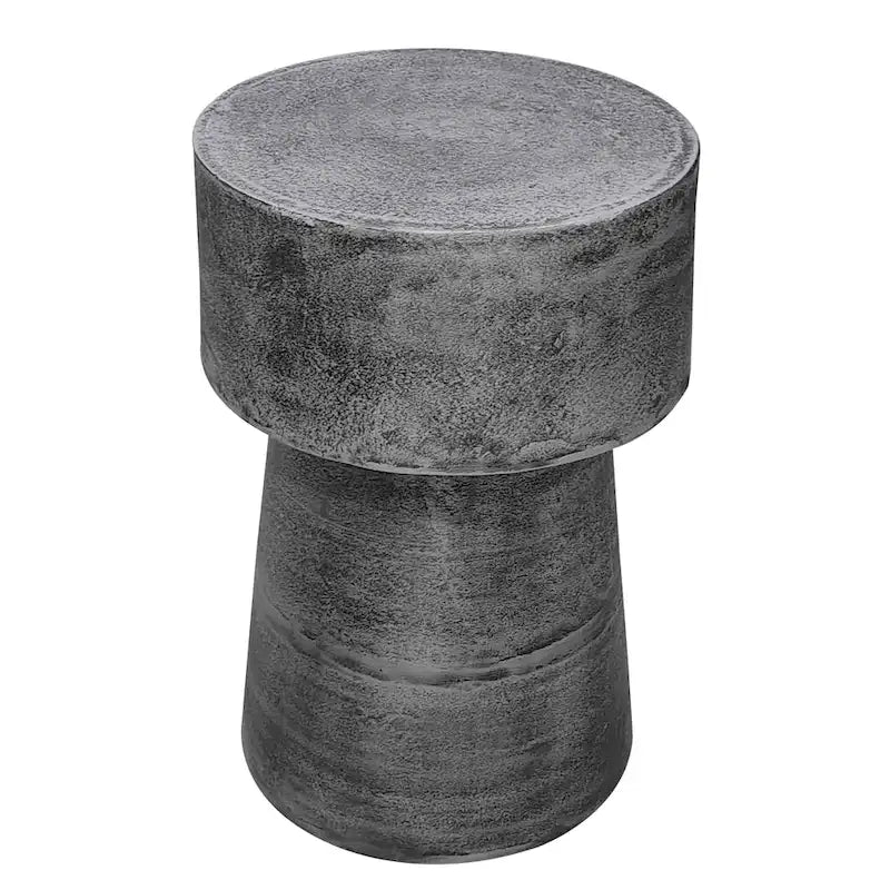 Table d'appoint vintage, ronde de 15,5 pouces, base de tambour en fonte d'aluminium argent antique