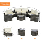 Ensemble de canapé d'extérieur demi-lune de 11 pièces, en rotin, avec coussins et table basse