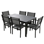 Ensemble de 7 pièces de salle à manger d'extérieur en acier, ensemble de meubles de patio toutes saisons avec table rectangulaire et 6 chaises de salle à manger