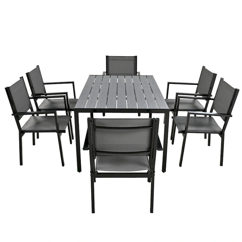 Ensemble de 7 pièces de salle à manger d'extérieur en acier, ensemble de meubles de patio toutes saisons avec table rectangulaire et 6 chaises de salle à manger