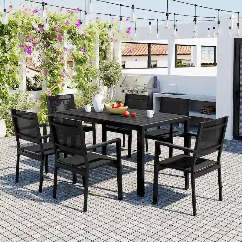 Ensemble de 7 pièces de salle à manger d'extérieur en acier, ensemble de meubles de patio toutes saisons avec table rectangulaire et 6 chaises de salle à manger