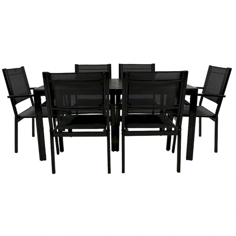 Ensemble de 7 pièces de salle à manger d'extérieur en acier, ensemble de meubles de patio toutes saisons avec table rectangulaire et 6 chaises de salle à manger