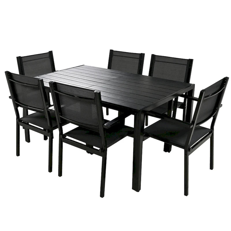 Ensemble de 7 pièces de salle à manger d'extérieur en acier, ensemble de meubles de patio toutes saisons avec table rectangulaire et 6 chaises de salle à manger