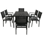 Ensemble de 7 pièces de salle à manger d'extérieur en acier, ensemble de meubles de patio toutes saisons avec table rectangulaire et 6 chaises de salle à manger