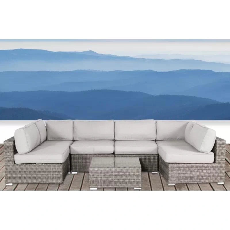 7 Piece Outdoor Sectional Sofa Set, Patio PE Rattan Wicker Conversation Set with Sofa Chair and Glass Top Table