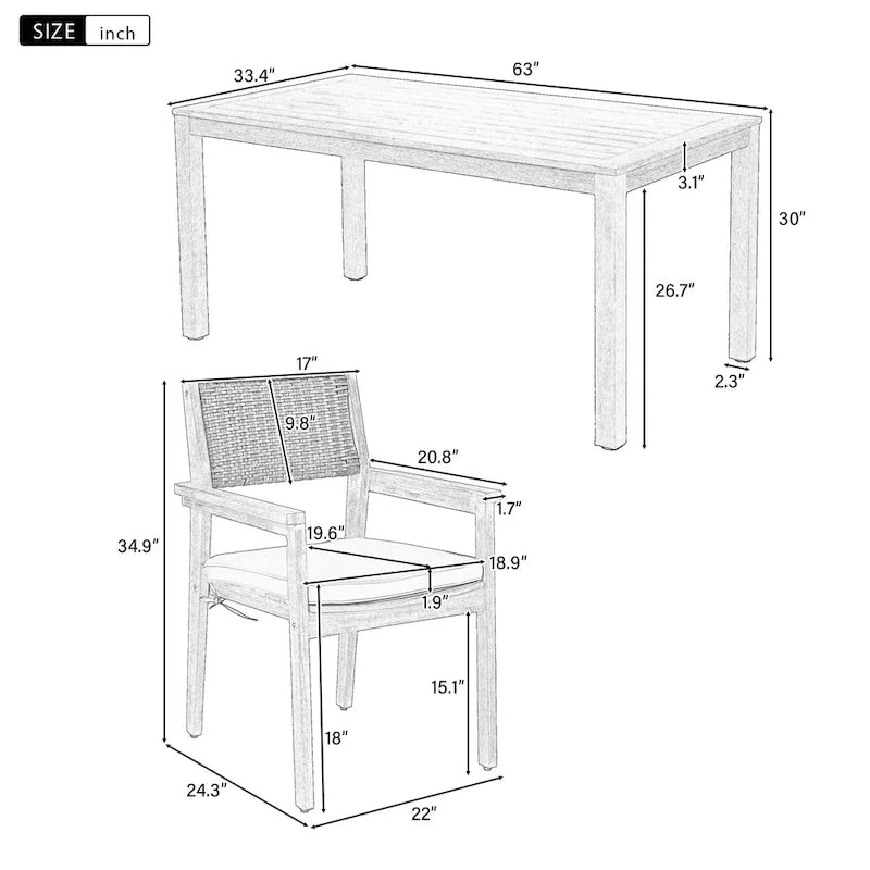 Ensemble de salle à manger d'extérieur 7 pièces, table à manger d'extérieur avec cadre en bois d'acacia, chaises de salle à manger de patio avec dossier en rotin