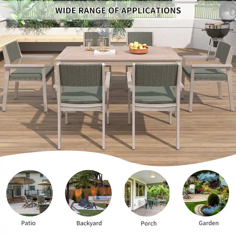 Ensemble de salle à manger d'extérieur 7 pièces, table à manger d'extérieur avec cadre en bois d'acacia, chaises de salle à manger de patio avec dossier en rotin