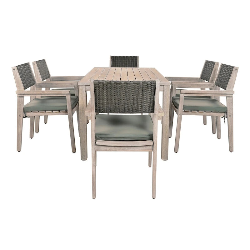 Ensemble de salle à manger d'extérieur 7 pièces, table à manger d'extérieur avec cadre en bois d'acacia, chaises de salle à manger de patio avec dossier en rotin