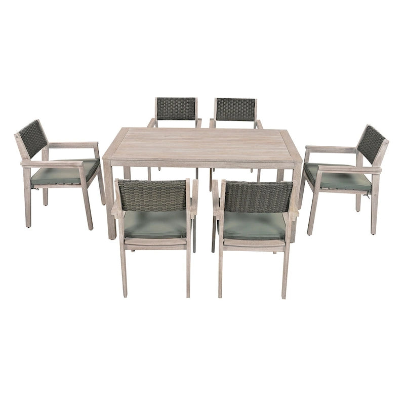 Ensemble de salle à manger d'extérieur 7 pièces, table à manger d'extérieur avec cadre en bois d'acacia, chaises de salle à manger de patio avec dossier en rotin