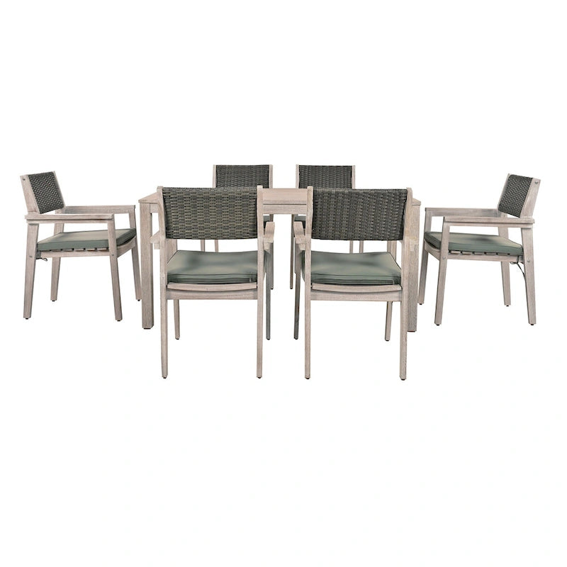 Ensemble de salle à manger d'extérieur 7 pièces, table à manger d'extérieur avec cadre en bois d'acacia, chaises de salle à manger de patio avec dossier en rotin