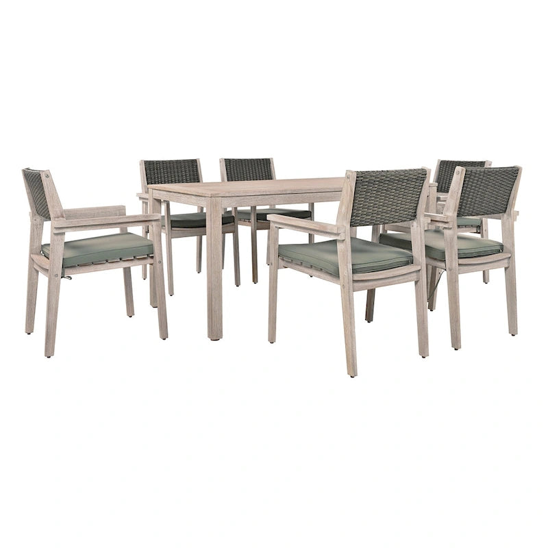 Ensemble de salle à manger d'extérieur 7 pièces, table à manger d'extérieur avec cadre en bois d'acacia, chaises de salle à manger de patio avec dossier en rotin