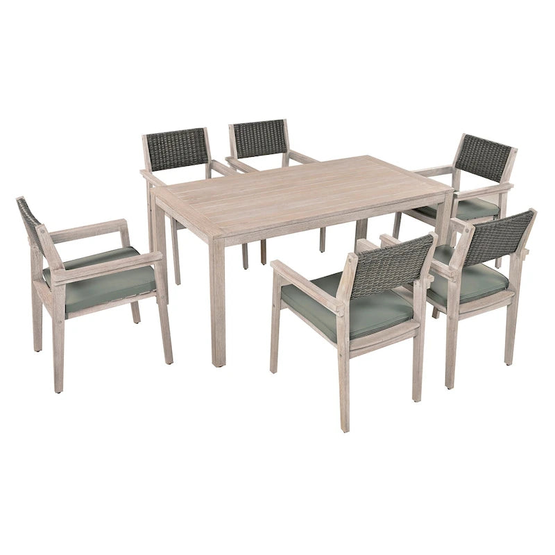 Ensemble de salle à manger d'extérieur 7 pièces, table à manger d'extérieur avec cadre en bois d'acacia, chaises de salle à manger de patio avec dossier en rotin