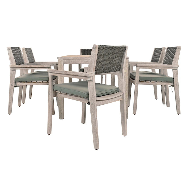 Ensemble de salle à manger d'extérieur 7 pièces, table à manger d'extérieur avec cadre en bois d'acacia, chaises de salle à manger de patio avec dossier en rotin